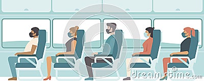 Passengers wearing protective medical masks travelling by bus or train. Travel during coronavirus COVID-19 disease outbreak Vector Illustration